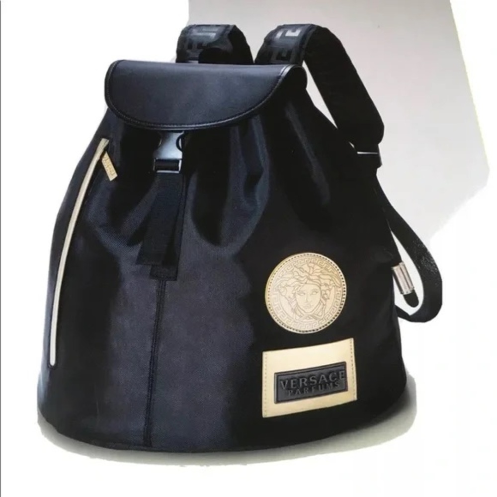 Versace parfums black gold drawstring backpack nylon bag duffle